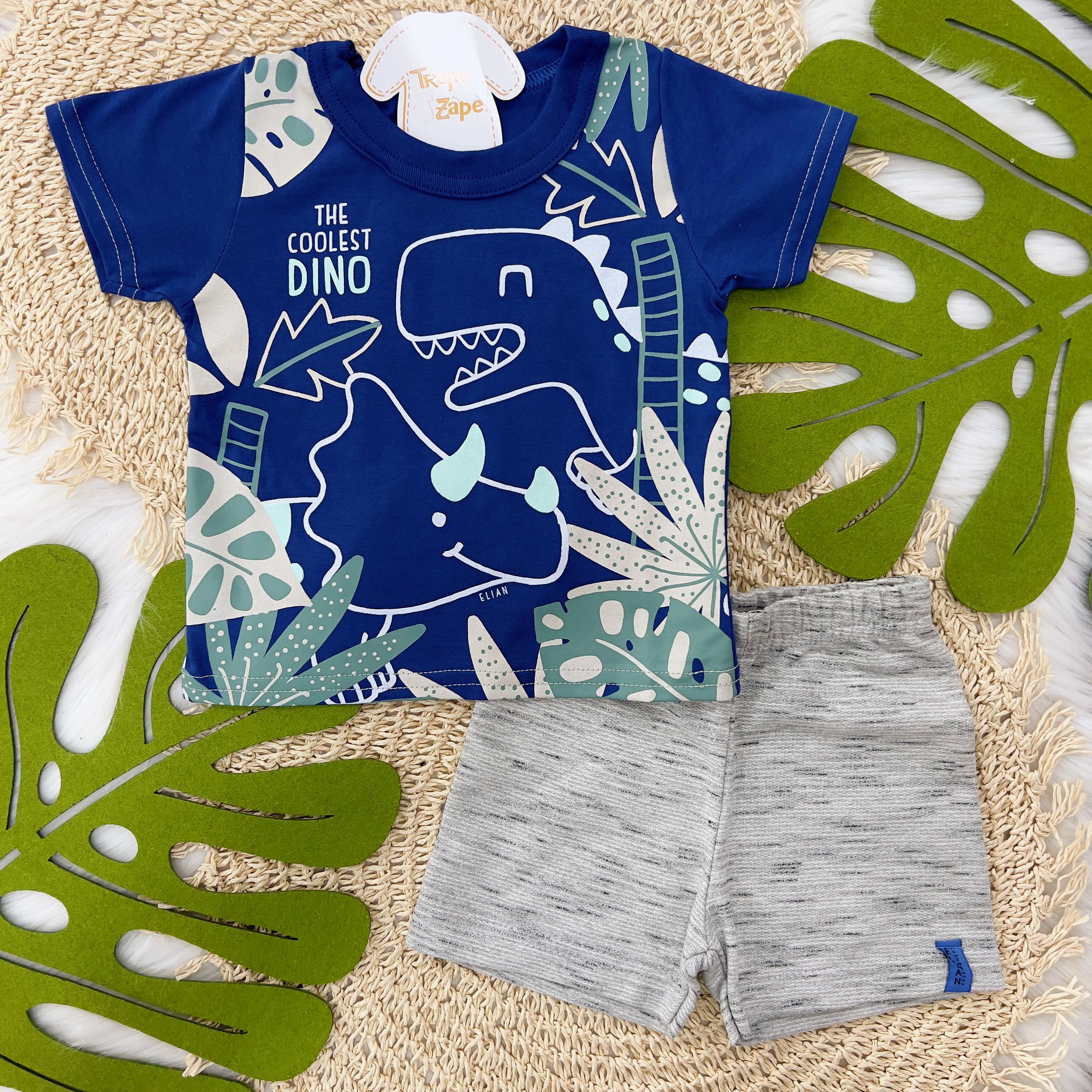 Conjunto Bebê Camiseta Azul Dino e Bermuda (P/M/G) para Bebê